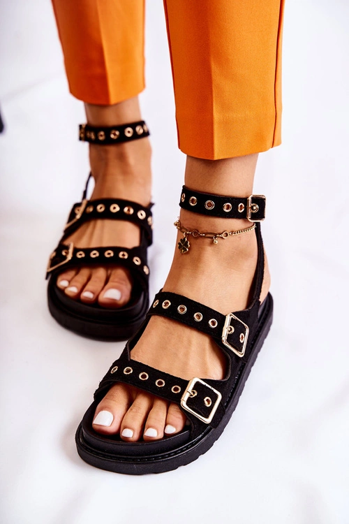 Damskie Sandały Zamszowe Z Paskami Czarne Parys