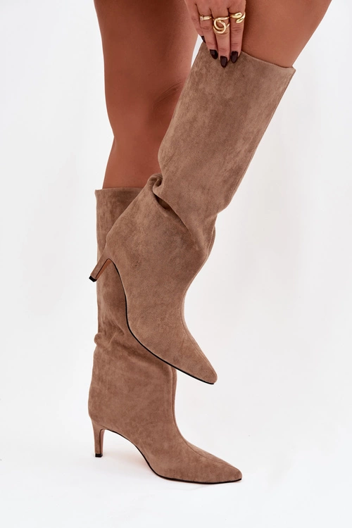 Kozaki Damskie Wsuwane Ocieplane Na Szpilce Beżowe Olivienne