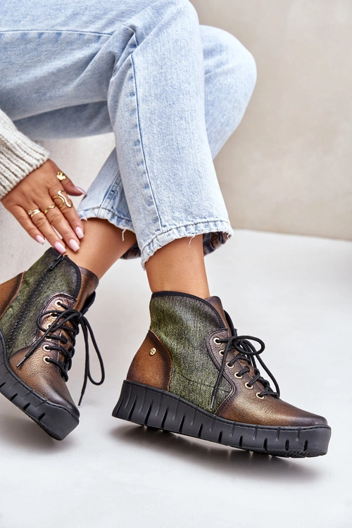 Skórzane Botki Platformie I Koturnie Maciejka 06702-09 Zielono-Złote