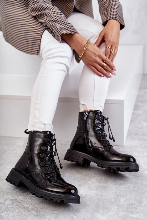 Damskie Lakierowane Ocieplane Botki Ze Ściągaczem Czarne Helia