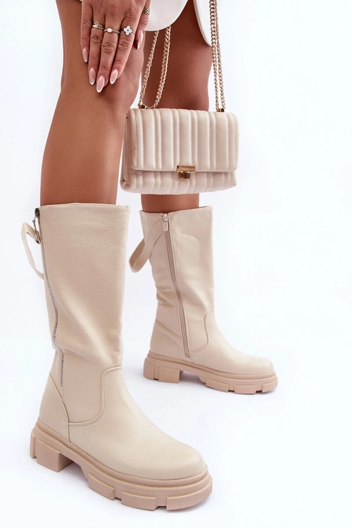 Kozaki Z Cholewką Do Połowy Łydki Jasnobeżowe Lizames