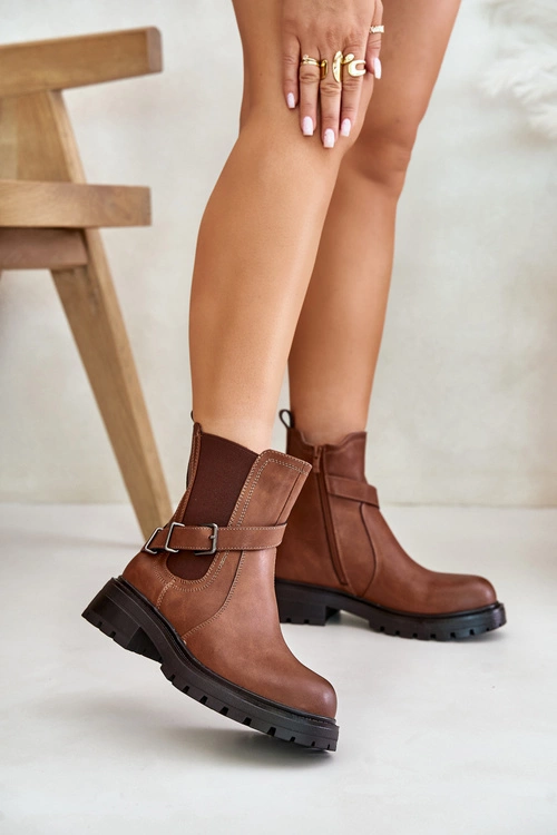 Skórzane Ocieplane Botki Sztyblety Z Paskiem Sergio Leone TR719-S Brązowe