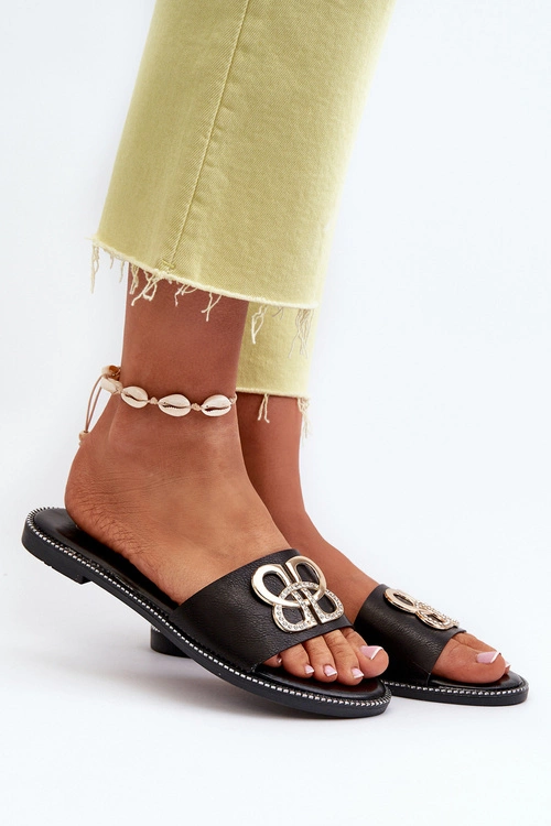 Klapki Damskie Z Ozdobą Eko Skórzane Na Płaskim Obcasie Czarne Sadria