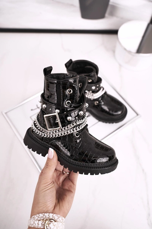 Dziecięce Botki Z Łańcuchem Ocieplone Futerkiem Lakierowane Czarne Dolly