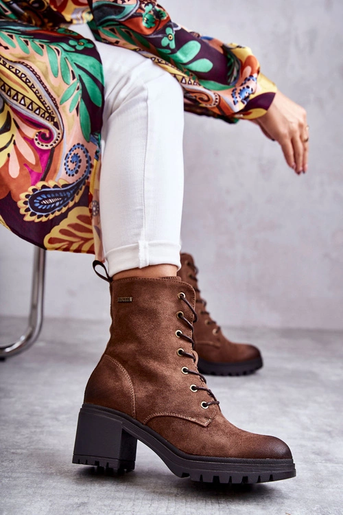 Damskie Ocieplane Botki Na Obcasie Brązowe Grethe