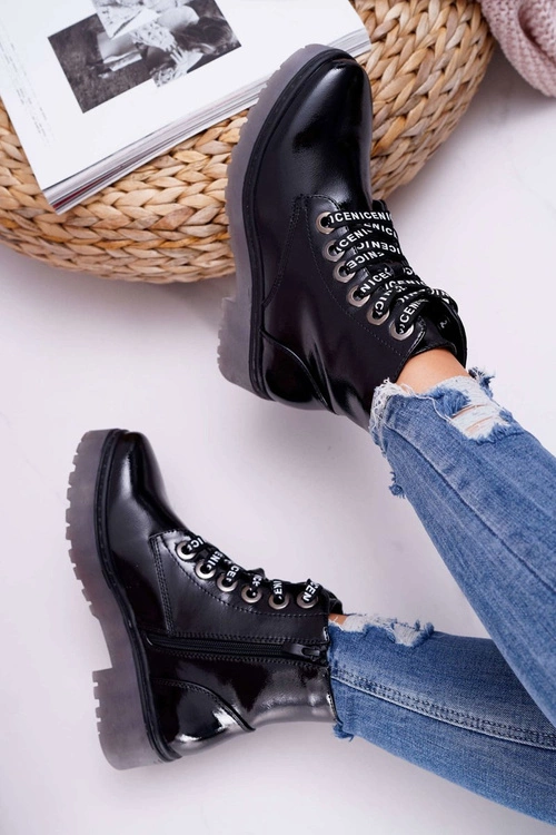 Botki Damskie Płaski Obcas Glany Lakierowane Czarne Sergio Leone TR726