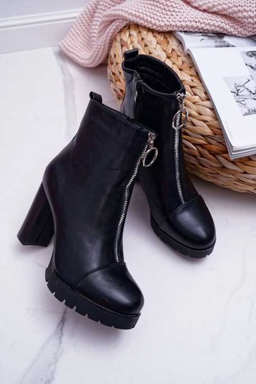 Botki Damskie Na Słupku Ozdobny Suwak Czarne Senuto