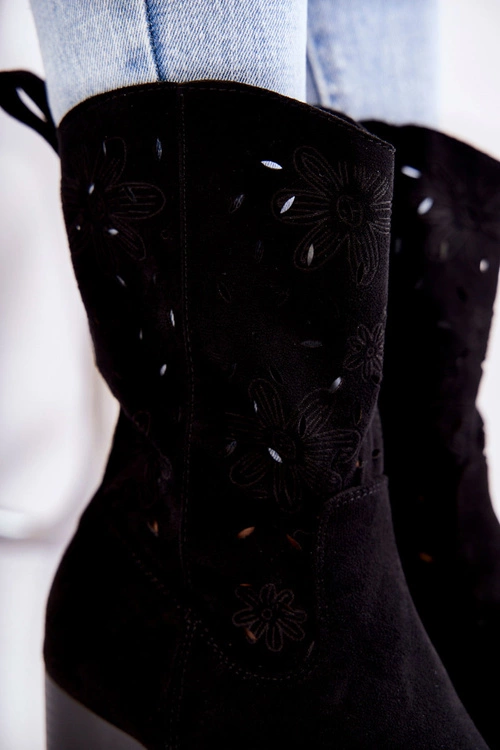 Damskie Zamszowe Botki Kowbojki W Kwiaty Czarne Ariane