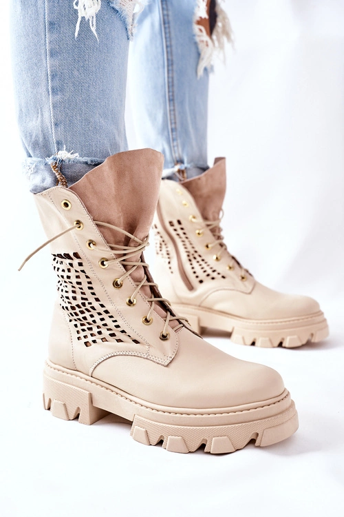 Damskie Skórzane Ażurowe Botki Trapery Beżowe Small Hootie