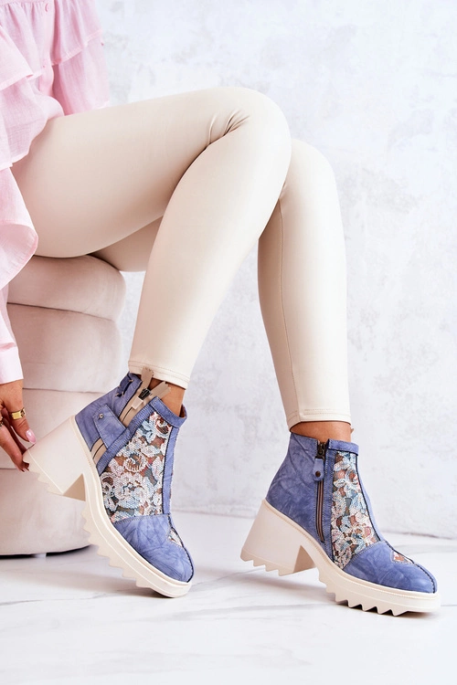 Skórzane Botki Na Masywnym Słupku Maciejka Niebieskie 05325-06