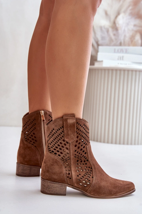 Ażurowe Botki Na Płaskim Obcasie Zamszowe Lewski 3305/2 Brązowe