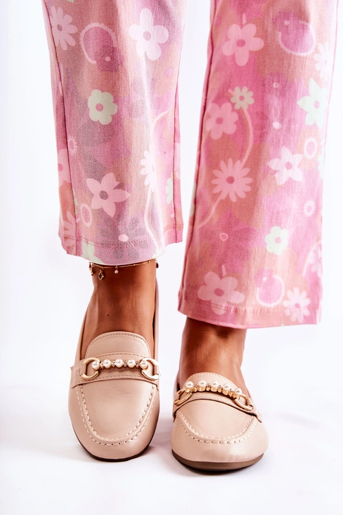 Damskie Skórzane Mokasyny Z Ozdobnymi Perłami Beżowe Sergia