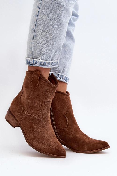 Zazoo 3329 Zamszowe Botki Kowbojki Na Niskim Obcasie Brązowe