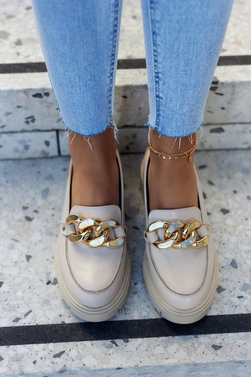 Damskie Skórzane Półbuty Loafery Beżowe Mollie