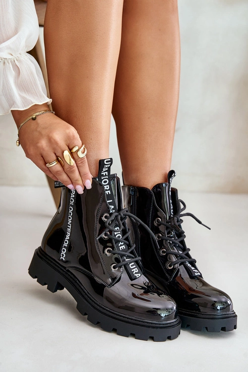 Lakierowane Botki Workery Damskie Ocieplane Z Napisami Czarne Zinfreya