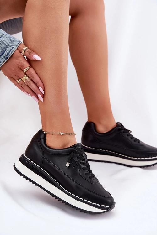 Skórzane Sneakersy Damskie Na Platformie Big Star RR274A335 Czarne