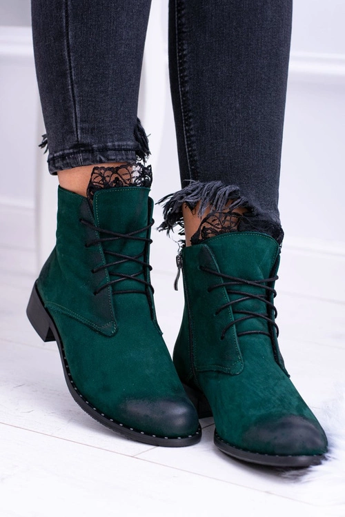 Skórzane Zielone Damskie Botki Z Koronką Millano