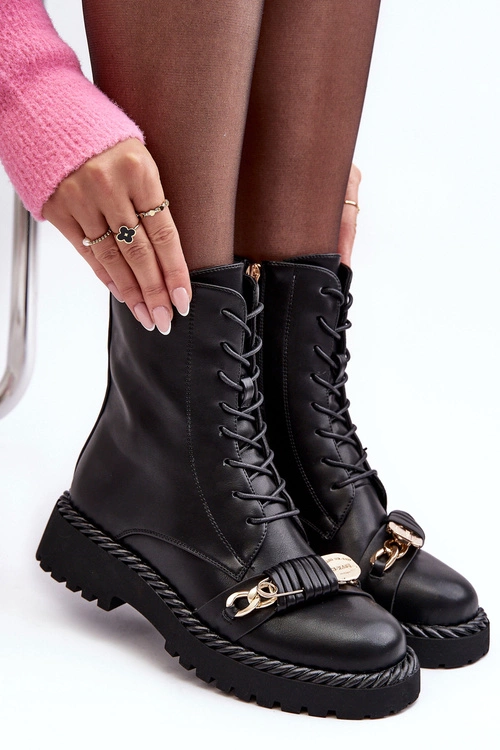 Damskie Skórzane Botki Workery Z Ozdobą Czarne S.Barski MR870-68