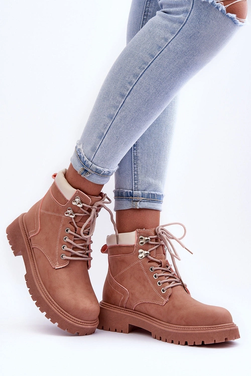 Damskie Skórzane Ocieplane Trapery Różowe Poles