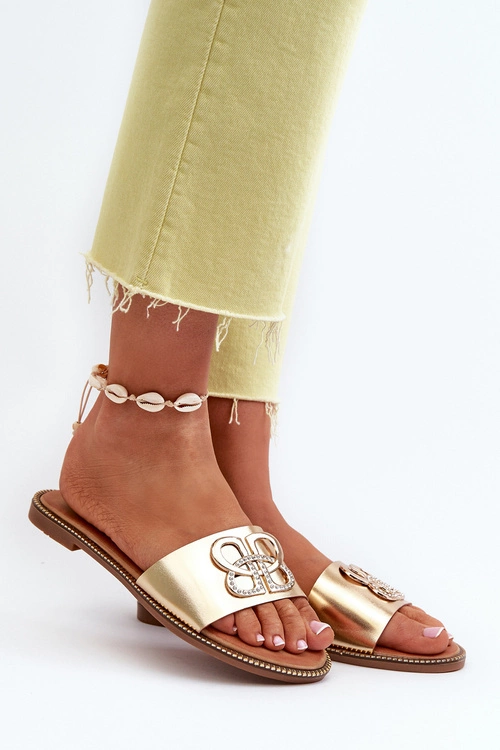 Klapki Damskie Z Ozdobą Eko Skórzane Na Płaskim Obcasie Złote Sadria