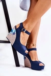 Damskie Granatowe Sandały Na Koturnie Nemesis