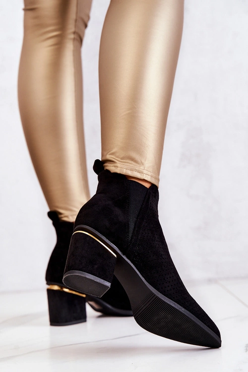 Zamszowe Botki Kowbojki Ażurowe Czarne Helloni