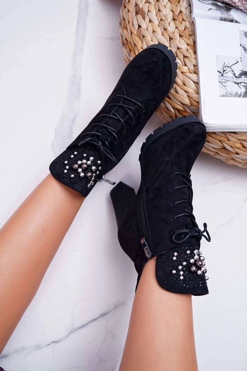 Botki Damskie na Słupku Platformie Zamszowe Czarne Fieste