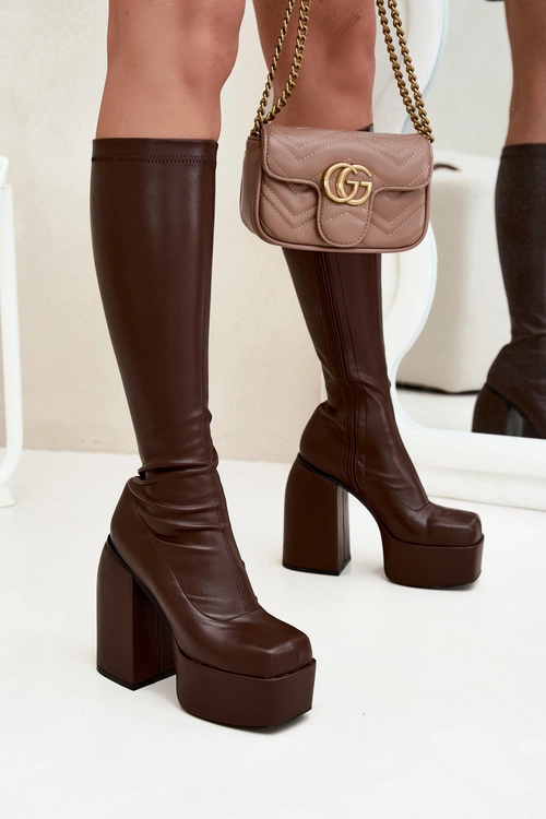 Kozaki Damskie Na Słupku I Platformie Czekoladowe Yavira