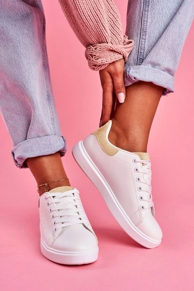 Sportowe Damskie Buty Białe z Beżowym Zapiętkiem Milly