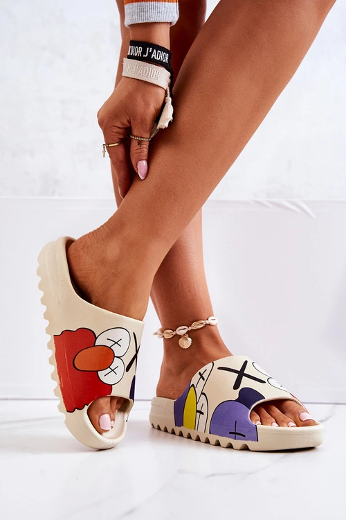 Gumowe Klapki Z Nadrukiem Beżowe Monsters