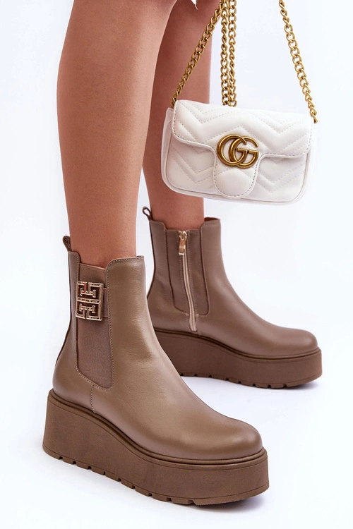 Damskie Skórzane Botki Na Masywnej Platformie Ciemnobeżowe Lemar Savira