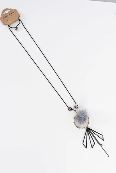 Naszyjnik Damski Z Pomponem Długi Łańcuszek Szary