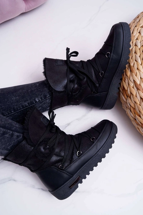 Damskie Botki Śniegowce Ocieplane Futerkiem Czarne Fereni