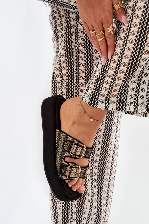 Klapki Damskie Na Platformie Z Klamrami I Plecionką Czarne Limme