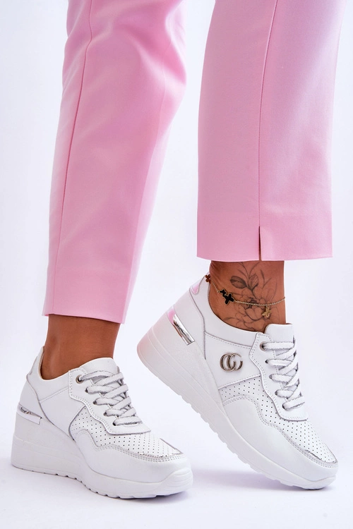 Damskie Skórzane Buty Sportowe Na Koturnie Biało-Srebrne Rebeca