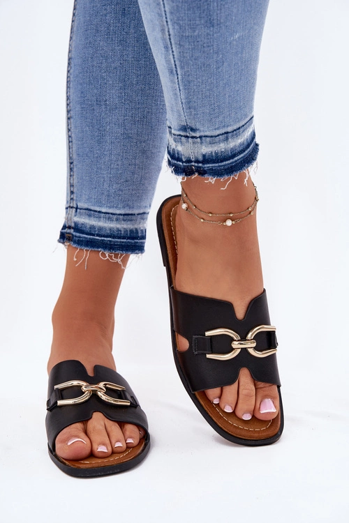 Klapki Damskie Płaskie Z Ozdobnym Detalem Czarne Amiresna