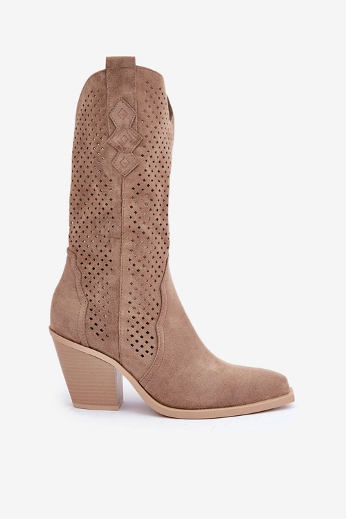 Ażurowe Botki Kowbojki Na Słupku Ciemnobeżowe Salive