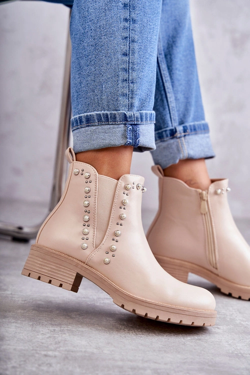 Skórzane Botki Workery Beżowe Ferra