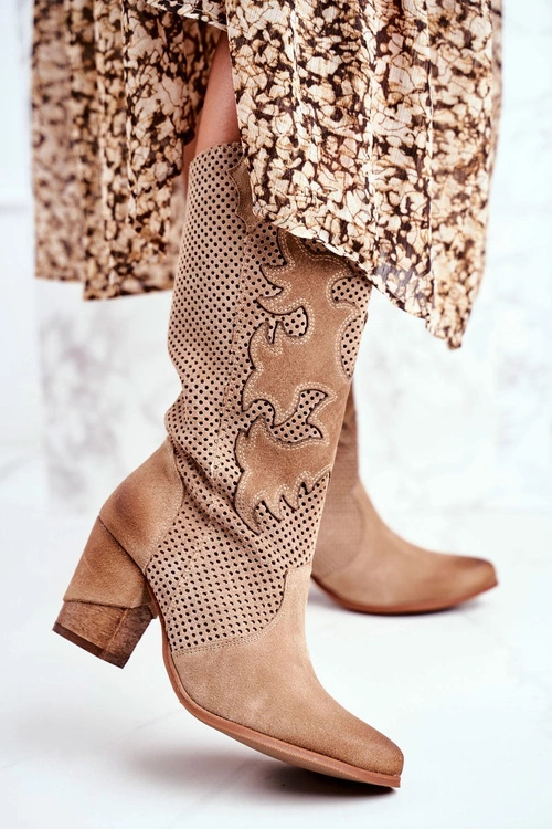 Damskie Botki Na Słupku Beżowe Skórzane Wysokie Rosemary