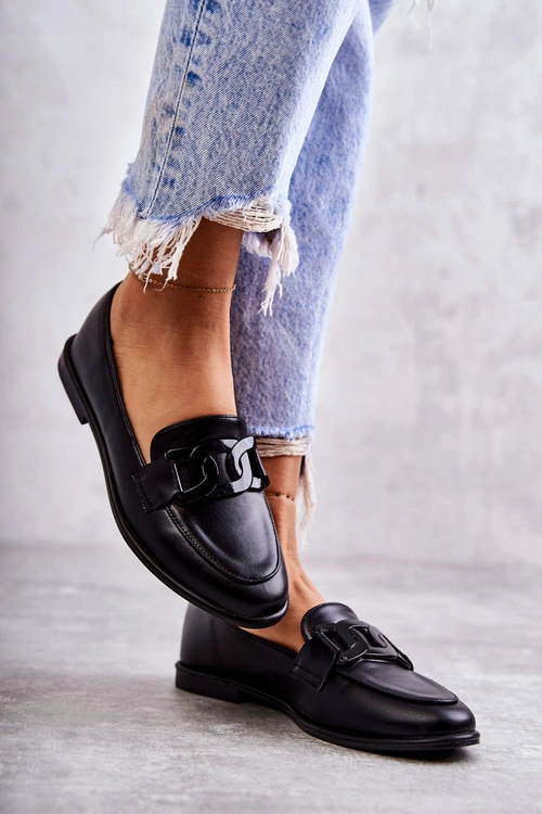 Damskie Skórzane Mokasyny Z Ozdobą Czarne Kerrie