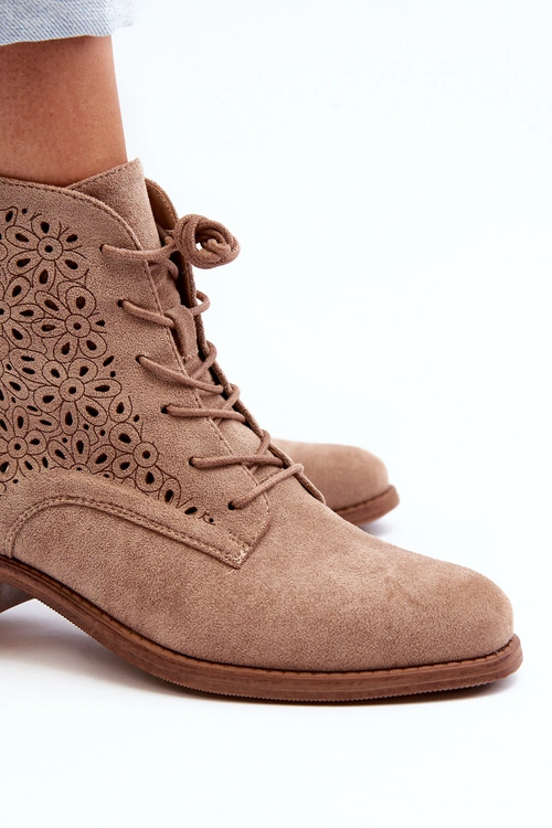 S.Barski HY66-136 Damskie Botki Ze Wzorem Beżowe