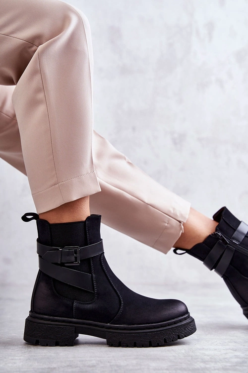 Damskie Ocieplane Botki Sztyblety Z Paskiem Czarne Jose