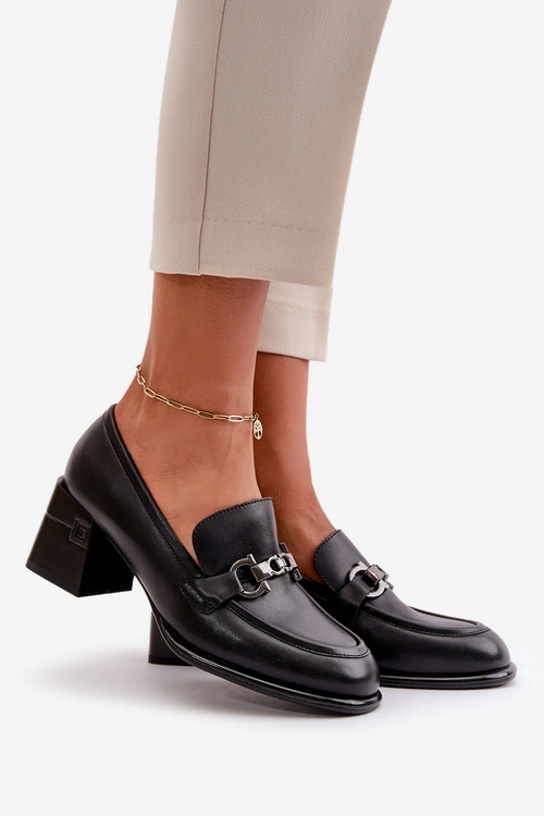 Eleganckie Skórzane Półbuty Damskie Na Słupku Czarne Vinceza 91116