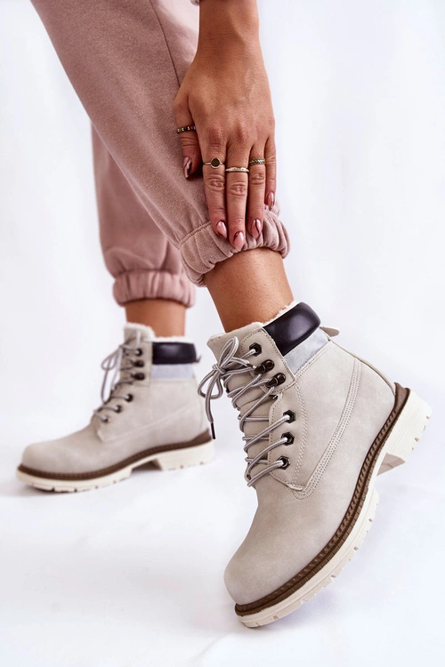 Damskie Ocieplane Botki Trapery Jasnoszare Lonne