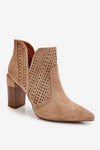 Modne Zamszowe Ażurowe Botki Na Obcasie Beżowe Genevi