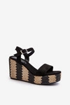 Sandały Damskie Na Koturnie Z Plecionką Czarne Reviala