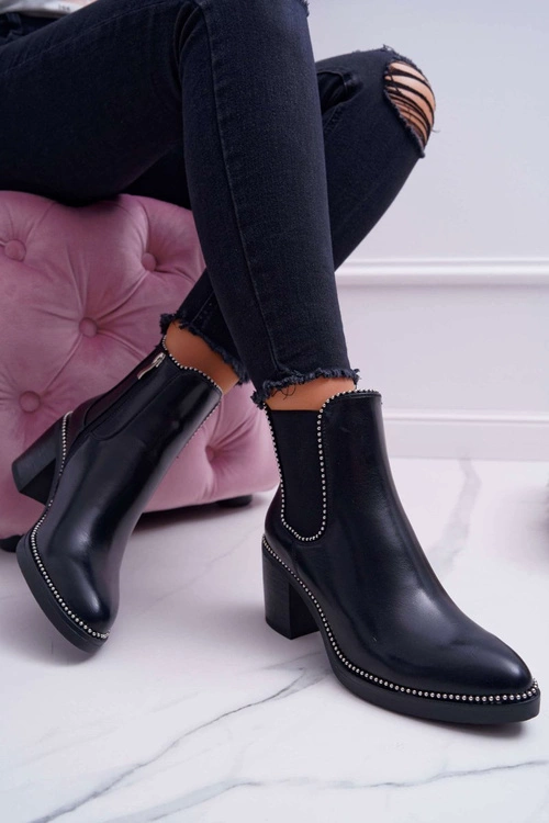 Botki Damskie Na Obcasie Z Dżetami Czarne Rhythmic