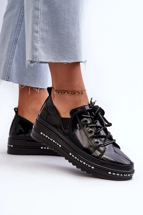 Sznurowane Półbuty Damskie Na Platformie Skóra Naturalna S.Barski LR620 Czarne