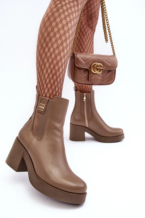 Skórzane Damskie Botki Na Obcasie Lemar Brązowe Kodra