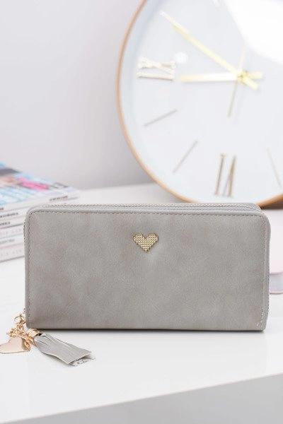 Szary Damski Duży Portfel Brelok Złote Serce